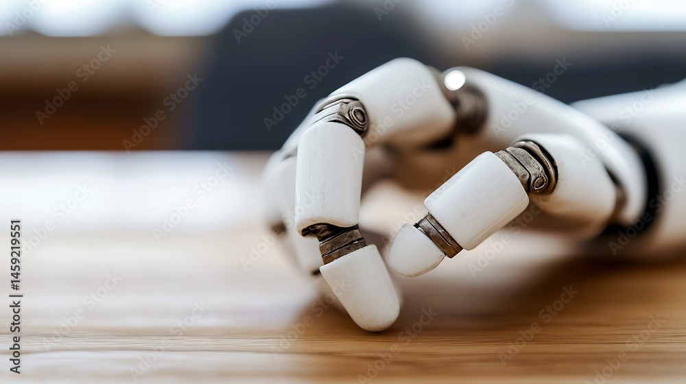 Aufkleber close-up of a robotic hand resting on a light brown wooden surface, showcasing intricate mechanical 