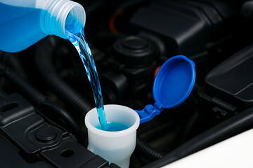 Refilling Windshield Washer Fluid in Car Engine Bay, Pouring antifreeze Filling a windshield washer tank with an antifreeze .	

