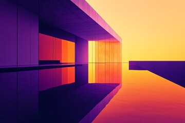 Vibrant architectural structure reflecting in a still pool.
