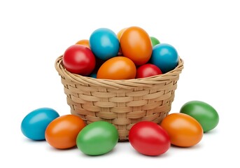 Naklejka premium Colorful painted easter eggs in a woven basket surrounded by isolated eggs