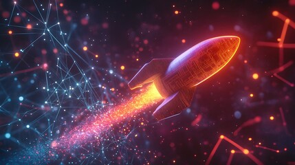 Futuristic Neon Rocket in Flight with Glowing Trail for Tech Design
