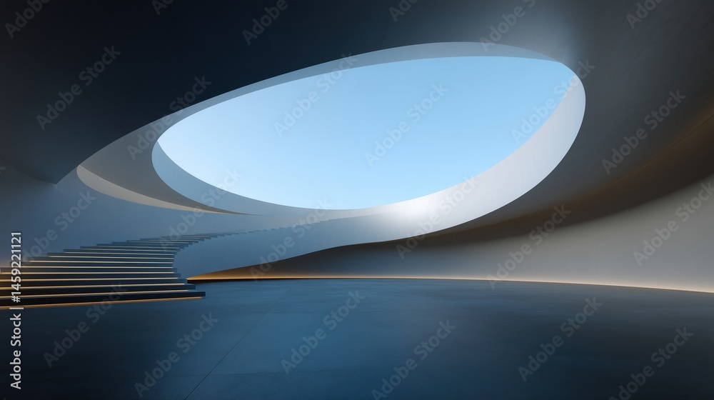 Poster abstract modern architectural interior with curved ceiling and floor illuminated by natural light fr