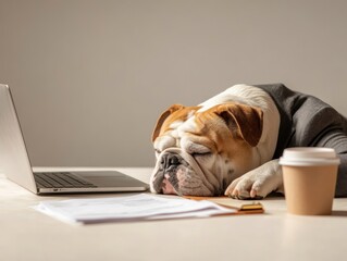 Bulldog in a business suit resting at a desk with a laptop and coffee cup during a busy workday