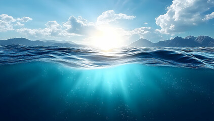 A stunning view of the ocean, showcasing its vibrant blue hues and gentle waves under a bright sky with fluffy clouds, evoking tranquility and beauty.