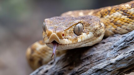Obraz premium Close-up of a reptile's head, a snake with tan and brown scales resting on weathered wood, its tongue flicking out. : Generative AI