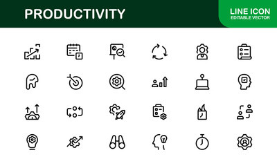 Productivity Essentials Icon Set. Premium, Editable Clean, Professional, and User-Friendly Graphics for Work, Office, and Digital Planning Projects. Productivity line icons.