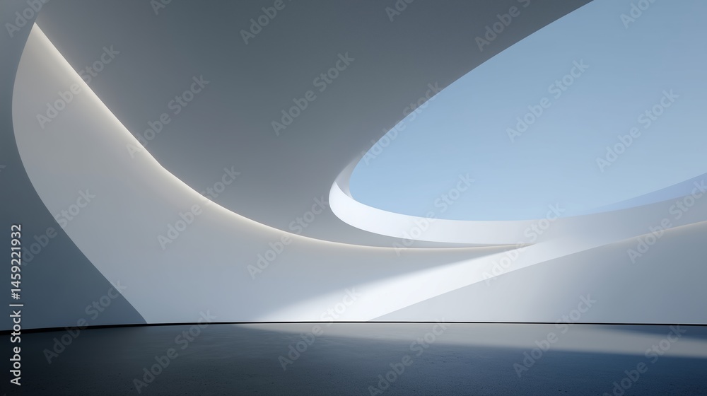 Poster Abstract modern architectural interior with curved ceiling and floor illuminated by natural light from large window, minimalist design featuring a large white square structure, cinematic lighting, hyp