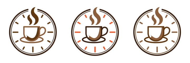 Coffee Time icon set isolated on transparent background. Coffee cup with steam on the wall clock. It's time for break vector illustration. Set of three variants of Time for Coffee illustrations.