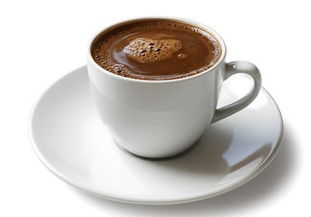 Fototapeta premium Freshly brewed cup of coffee with creamy foam on white ceramic saucer and cup