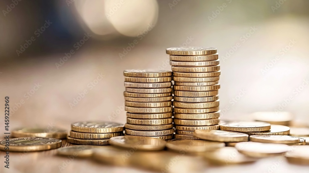 Poster two stacks of gold coins stand tall, symbolizing financial growth and wealth, surrounded by a scatte