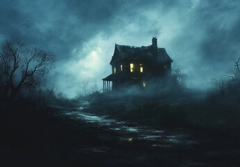 Fototapeta premium Ghostly encounter in abandoned house spooky landscape digital art mysterious atmosphere nighttime view