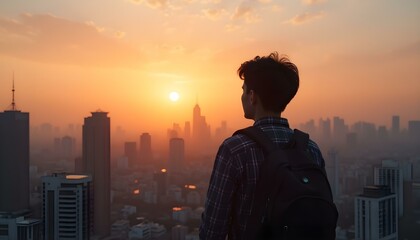 Fototapeta premium A 20 year old asian man with black hair and a backpack looking at a city during sunset from a rooftop