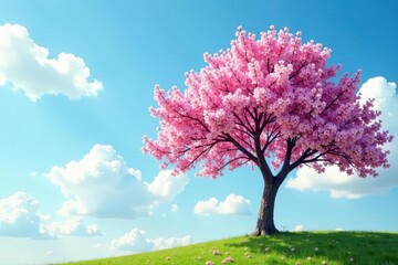 Naklejka premium Serene pink tree in bloom, set against a clear blue sky dotted with clouds Ample copy space , pretty, design