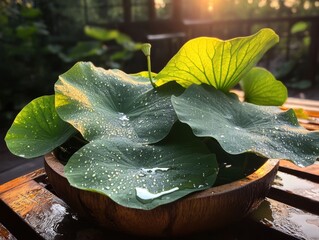 Watered lotus leaves glisten with water beads under the warm glow of sunlight in a serene natural setting