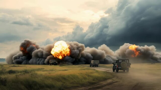 Military equipment moves across rugged terrain amid ongoing ground conflict in an active war zone
