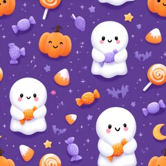 Obraz premium Seamless Halloween pattern illustration featuring cute white cartoon ghosts holding candy, surrounded by pumpkins and lollipops