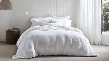 White linen bedding set in a minimalist bedroom.
