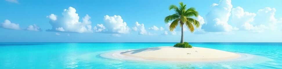Obraz premium Small sandy island, single palm tree, blue water backdrop , summer, horizon, simple
