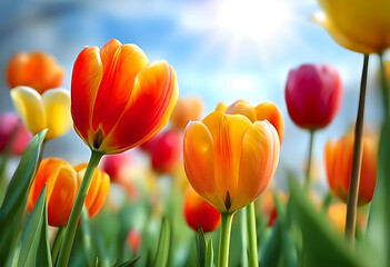 A vibrant garden filled with colorful tulips swaying gently in the breeze under the warm sunlight, showcasing nature's beauty and diversity.