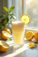 Fototapeta premium Glass of fresh made lemonade on the table, summer refreshing drink, detox, diet and healthy lifestyle concept. 