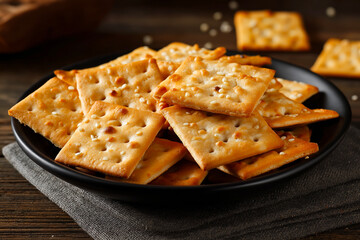Golden square crackers with sesame seeds on a black plate, rustic wooden table setting &ndash; snack food, comfort, simplicity