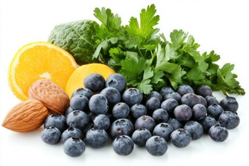 Fototapeta premium Fresh berries, nuts, and herbs on white background. Artificial Intelligence image