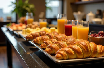 Croissants and breakfast at the hotel. Buffet at the hotel with fresh pastries. French bakery with croissants, cheese and fruit.