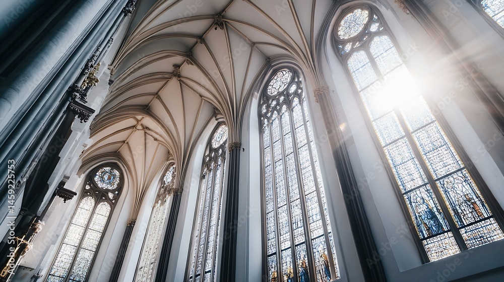 Poster sunlight streams through tall, arched stained-glass windows in a majestic church, illuminating the i