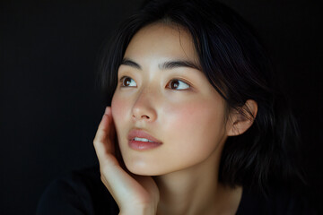 Fototapeta premium Thoughtful young Japanese woman with natural beauty against black background