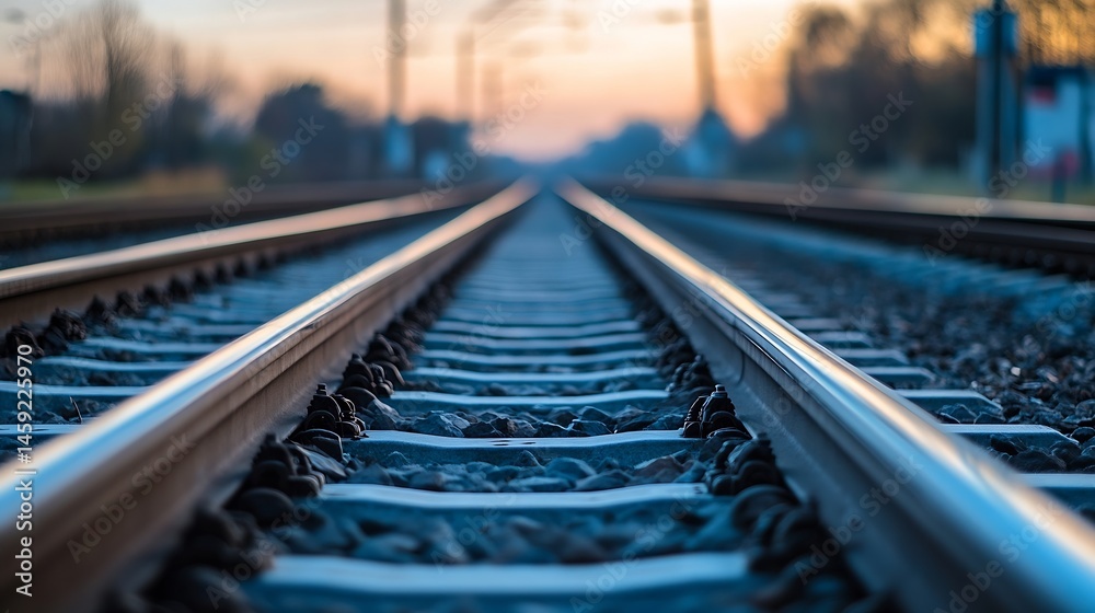 Poster close-up view of railway tracks extending towards a blurred sunset horizon, showcasing the steel rai