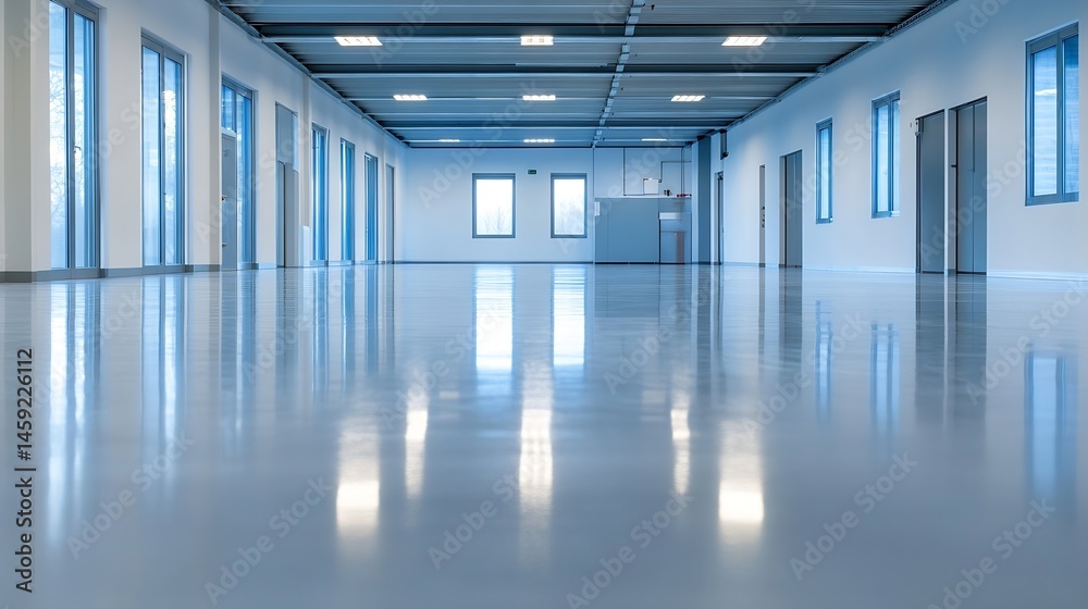 Poster reflective floor in a modern, minimalist office hallway with large windows and sleek doors, creating