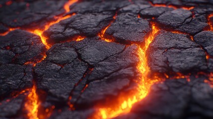 Molten lava cracks through black rock