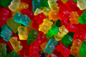 Colorful gummy bear candies in close-up, vibrant assortment of sweets &ndash; fun, playful concept for childhood, treats, or celebrations.
