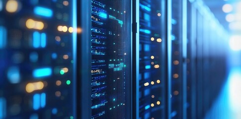Close-up shot of glowing data servers inside secure cabinets in a modern data center, great for cybersecurity, network infrastructure, and tech service concepts