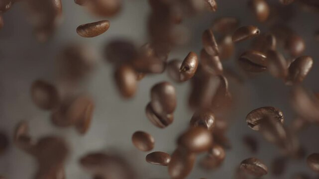 Super slow motion shot of falling roasted coffee beans with smoke in macro. Roasting flying coffee. Whole coffee explosion close up vertical video