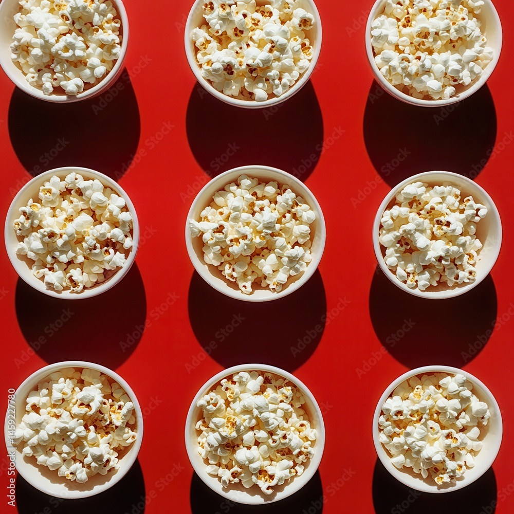 Poster overhead view of nine bowls of popcorn arranged in a grid on a vibrant red surface, perfect for movi