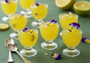Elegant Limoncello Jelly Shots with Edible Violas and Silver Sparkle