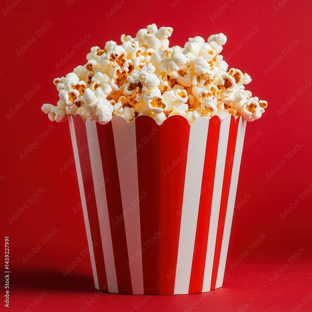 Poster popcorn overflowing from a red and white striped bucket, set against a vibrant red background. a cla