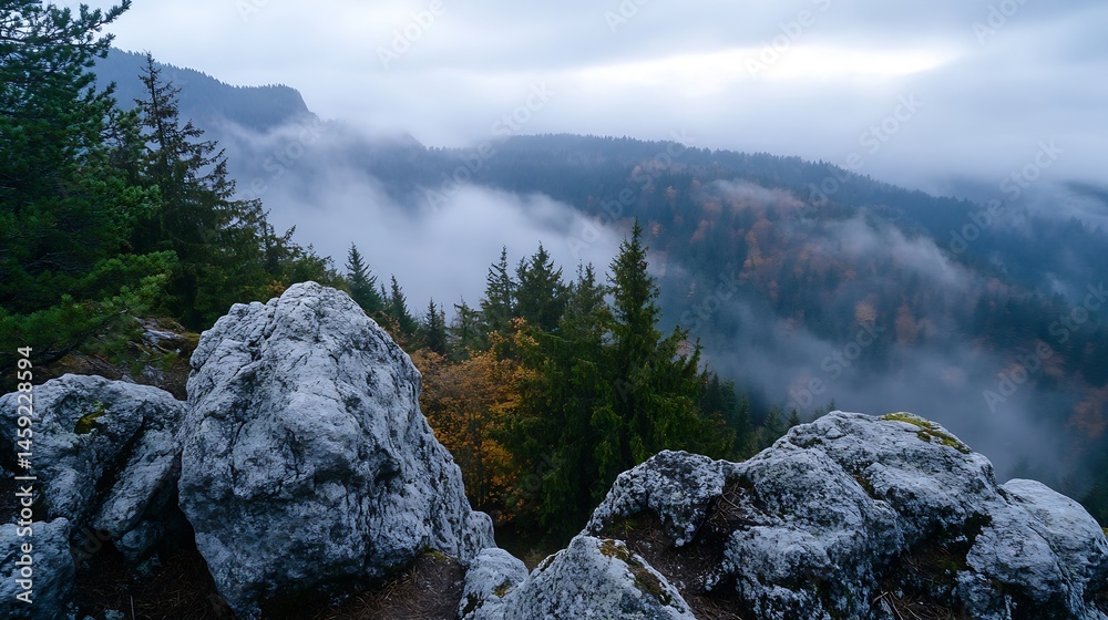 Poster misty mountain landscape with rocks and evergreen forest, showcasing a serene autumnal scene in the 
