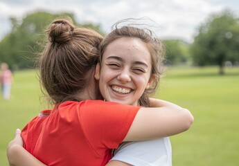 Obraz premium Emotional reunion friends embrace in a park joyful moment outdoor setting captured from a close angle celebrating friendship
