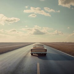 Fototapeta premium A Road Trip Scene with a Vintage Car on an Empty Highway – Nostalgic Journey Capturing the Essence of Freedom, Adventure, and Classic Automotive Design on a Quiet Open Road