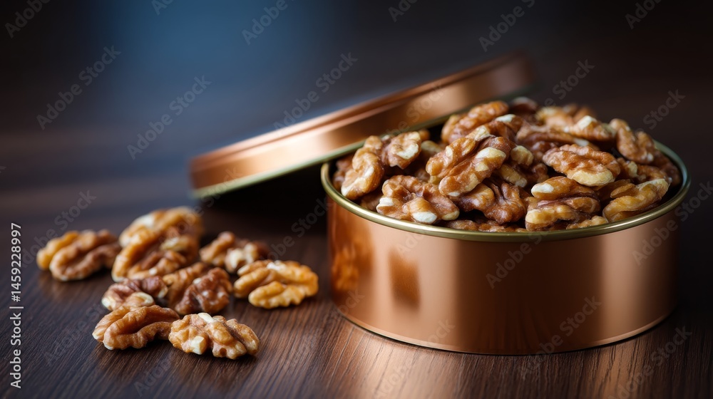 Poster Close-up of walnut cookies arranged in a decorative copper tin on a polished wooden surface, featuring a soft glow and copy space for text