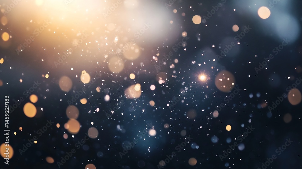 Poster abstract bokeh background with gold and blue lights, scattered particles, and a soft glow, ideal for