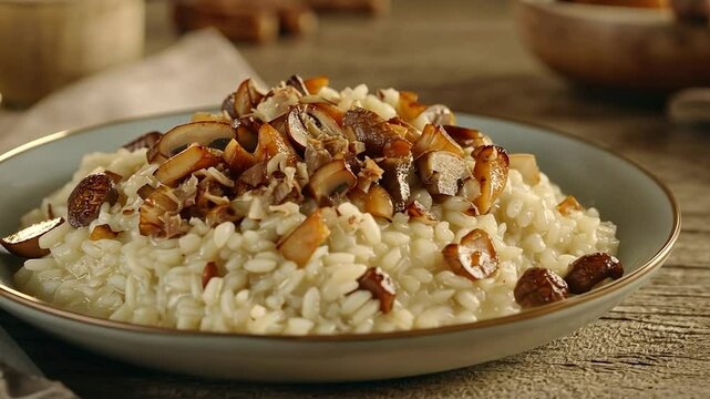 Creamy risotto topped with saut?ed mushrooms and bits of meat