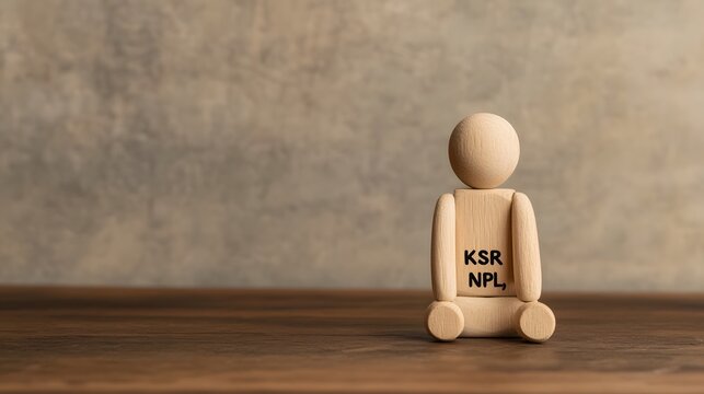 Wooden figure sitting with KSR and NPL, symbolizing financial burden of non-performing loans.