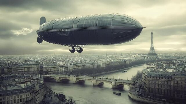 Airship soaring over a cityscape, a bridge, and river, with a famous tower in the background under a cloudy sky