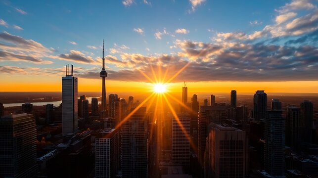 Toronto skyline at sunset, showcasing the CN Tower and city skyscrapers bathed in golden hour light, with dramatic clouds in the sky. : Generative AI