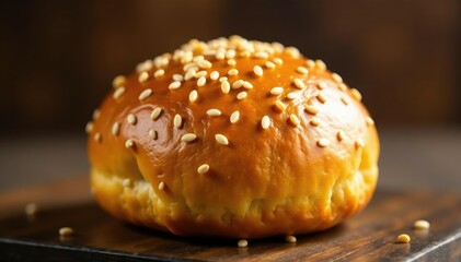 Golden-brown sesame seed bun, perfect texture, studio shot, food