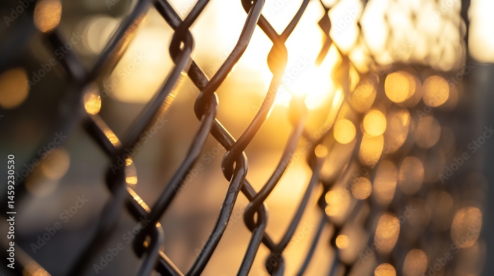 Fototapete Close-up view of a chain link fence with the sun setting in the background, creating a warm, golden glow through the wire mesh. : Generative AI