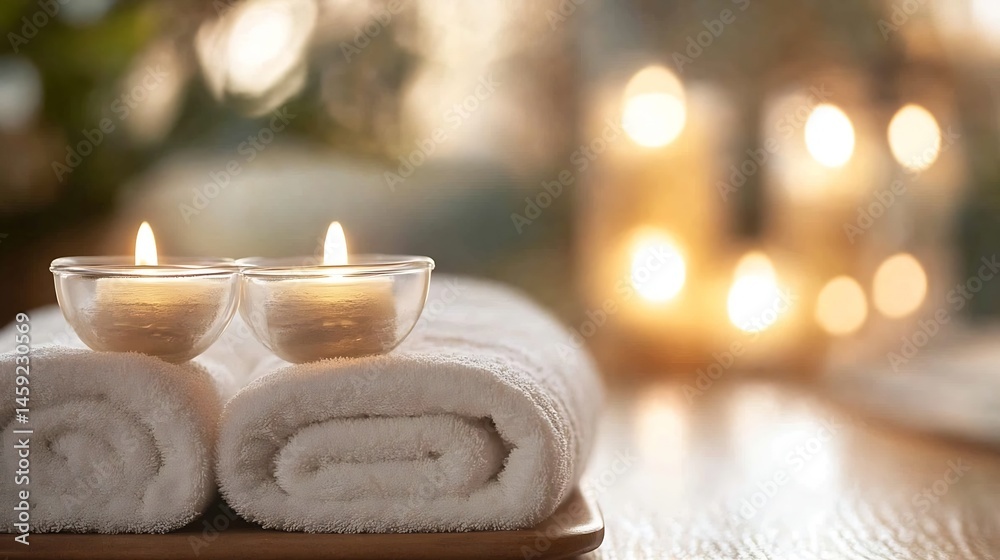 Aufkleber two lit candles rest on rolled white towels, creating a serene spa-like atmosphere. warm, inviting l
